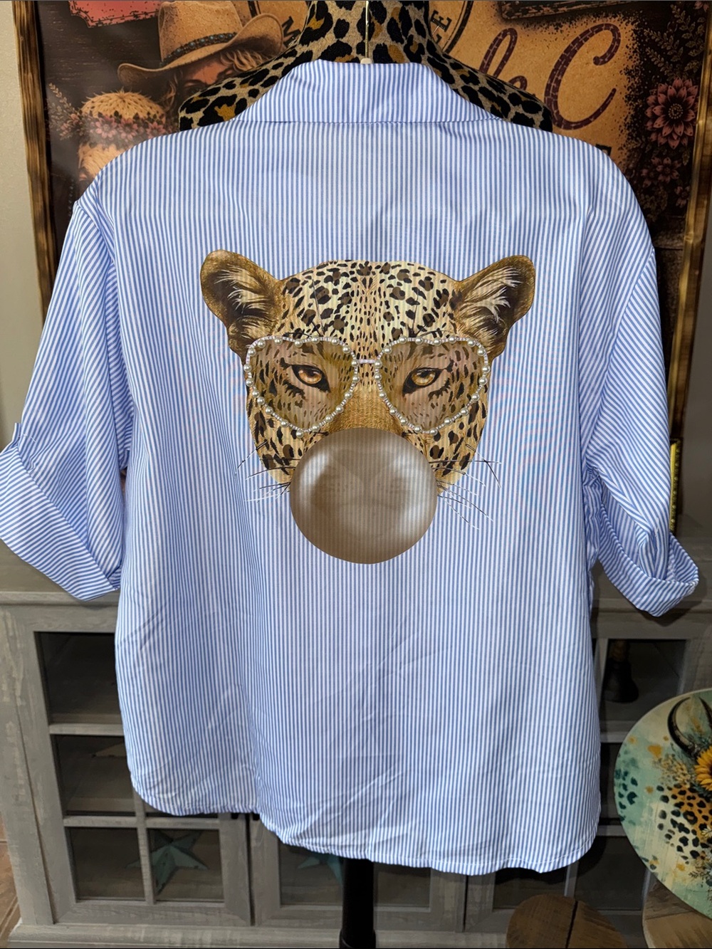 Made in Italia Blue Striped Shirt with Leopard & Pearls Sz Large to 12/14